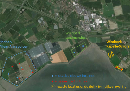 Kaartje met daarop locatie windmolens