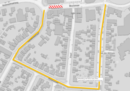 plattegrond met daarop de geplande werkzaamheden aan de Weststraat en omleidingsroute